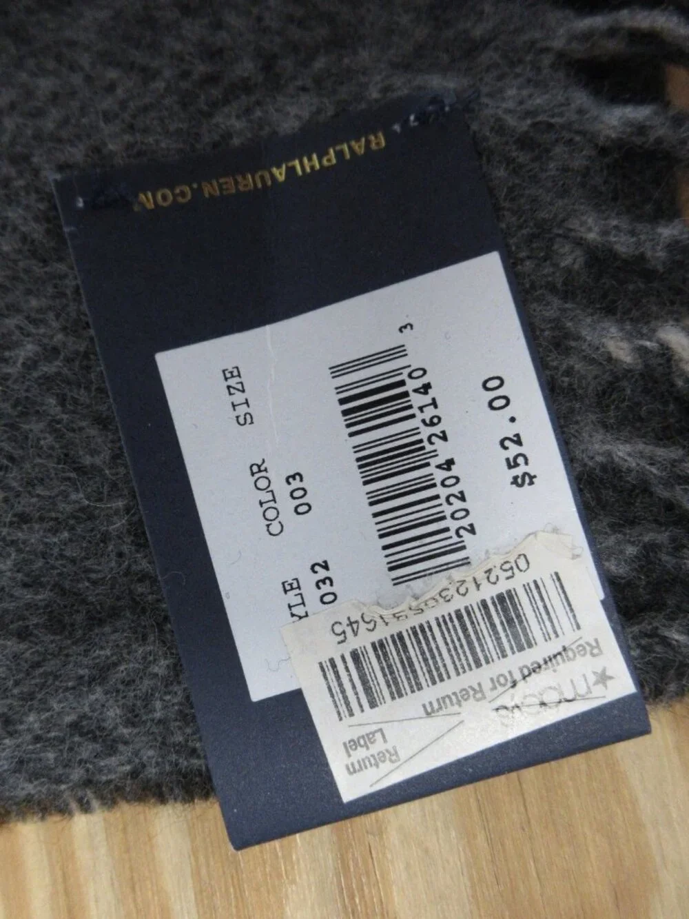 Polo Ralph Lauren Scarf Gray Lambs Wool Plaid Fringe Made in Italy